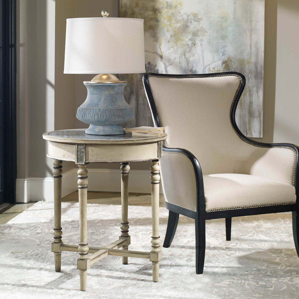 Sandy - Wing Back Armchair - Beige &amp; Dark Brown