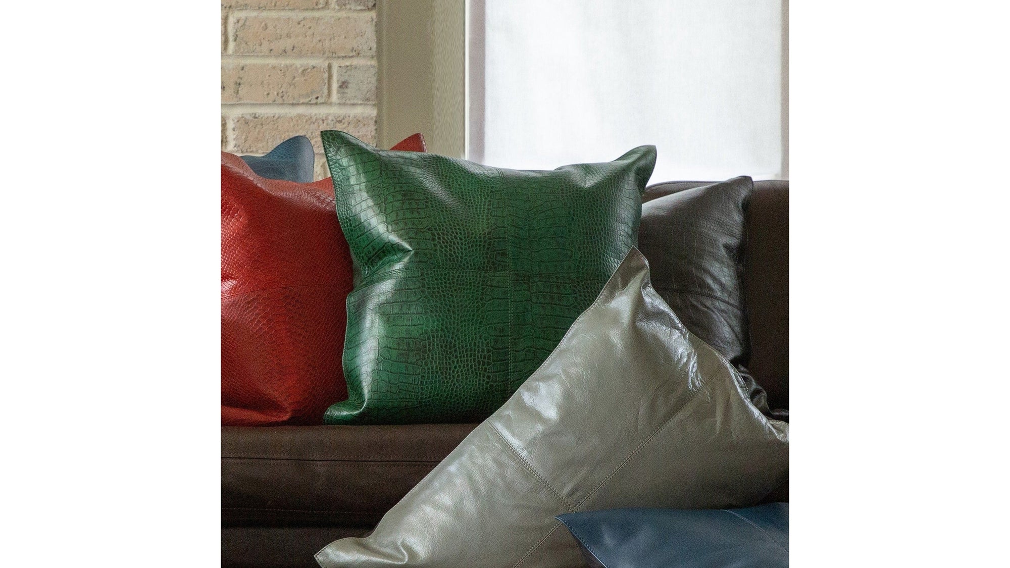 Genuine Leather - Embossed Emerald Croc Pillow - Emerald