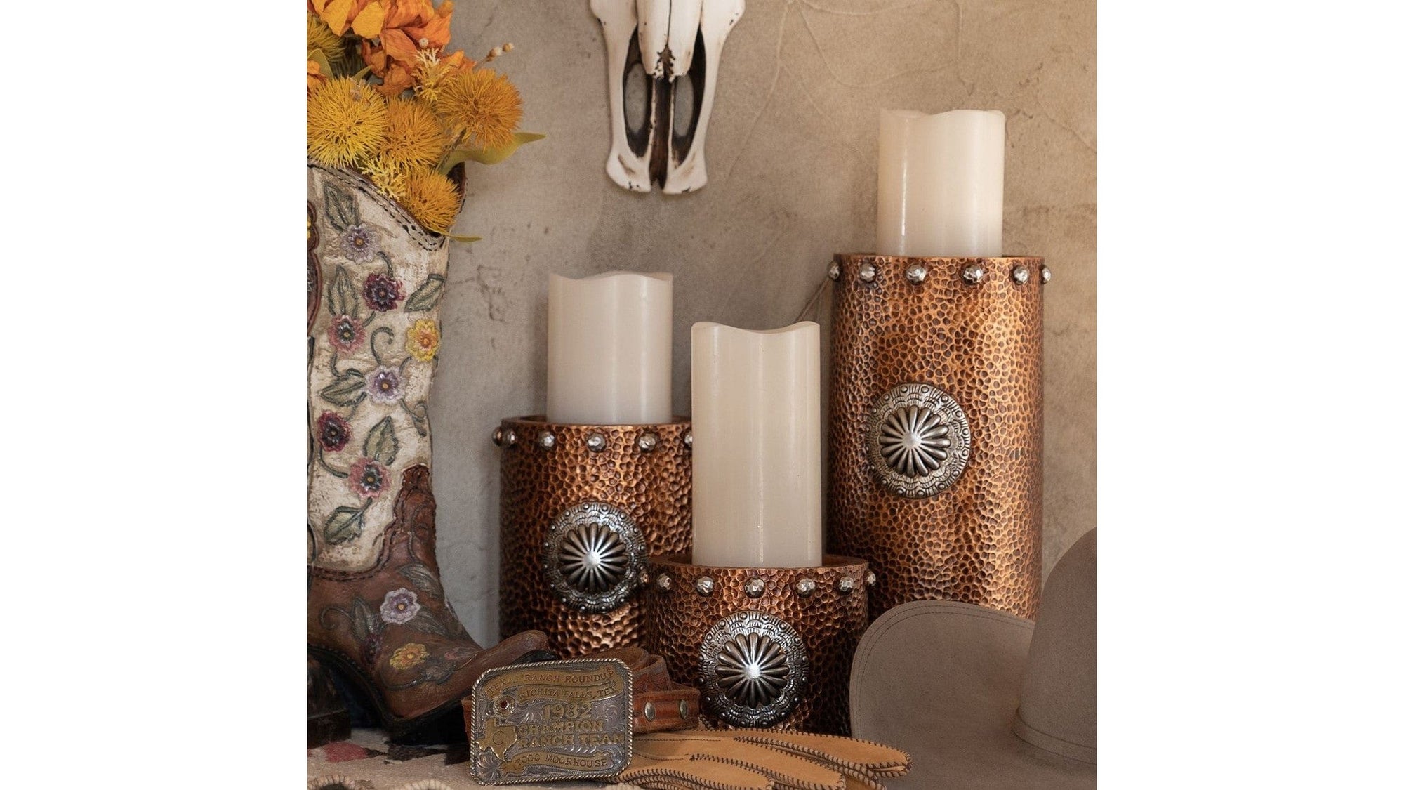 Candle Holder - Faux Hammered Copper With Concho Candle Holder Set Set of 3 , 2 Per Carton - Brown