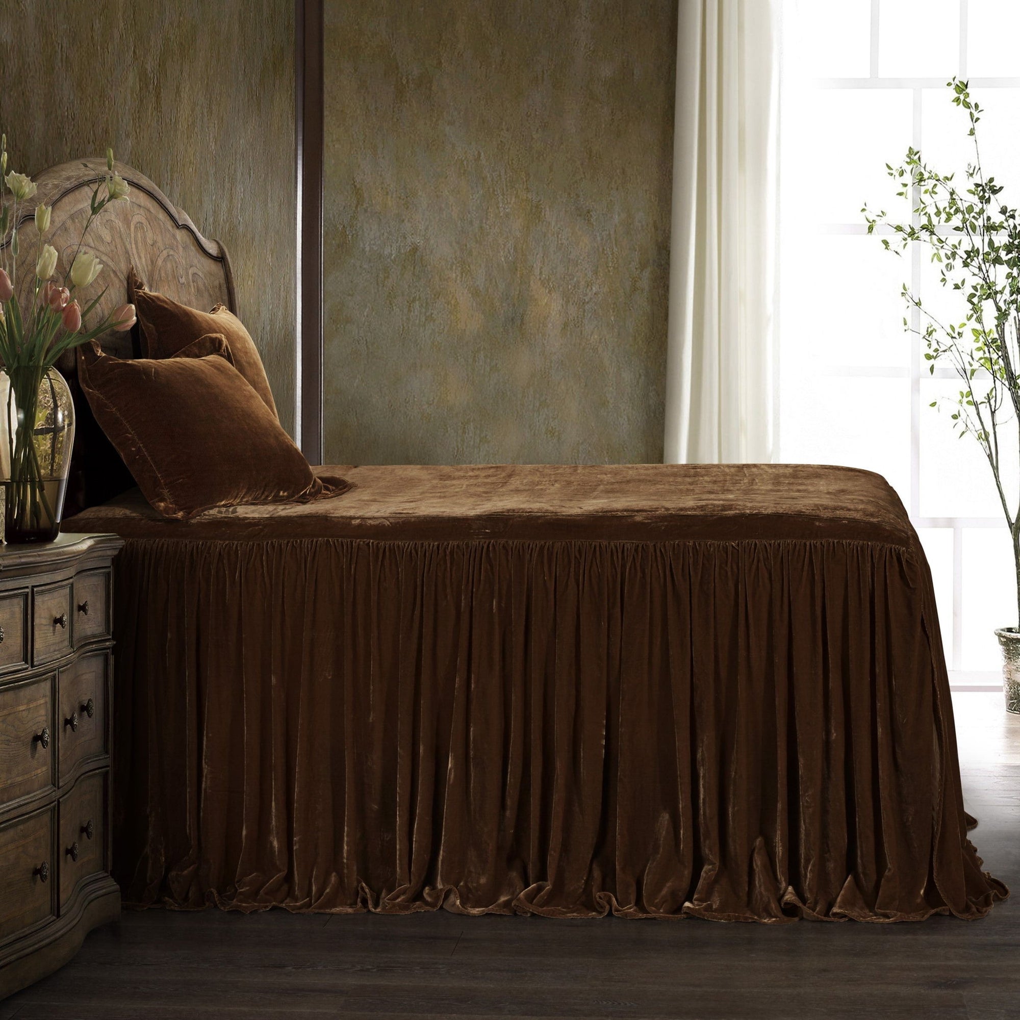 Stella - Queen Faux Silk Velvet Bedspread Set (Set of 3) - Copper Brown