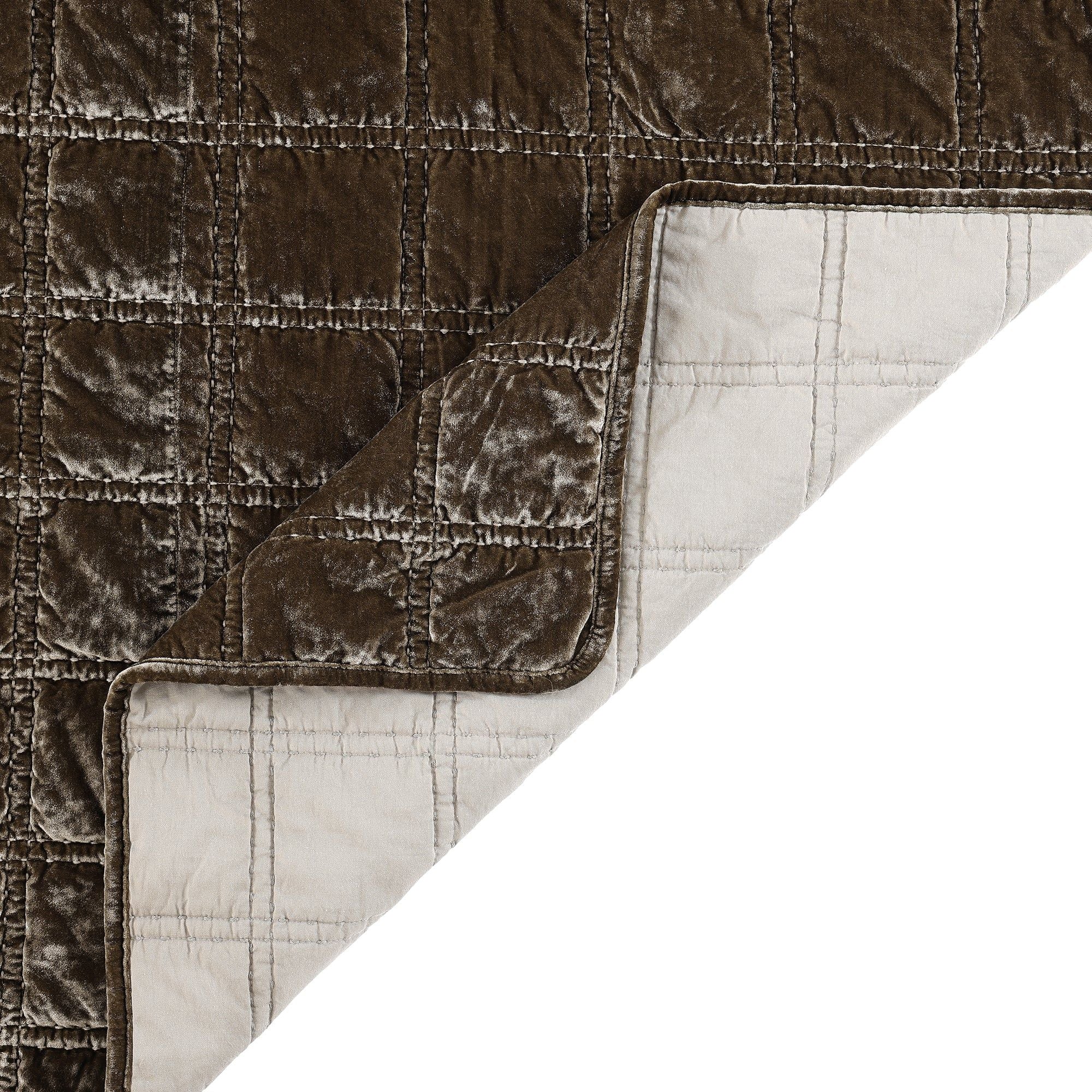 Stella - King Faux Silk Velvet Double Box Stitch Quilt Set (Set of 3) - Green Ochre