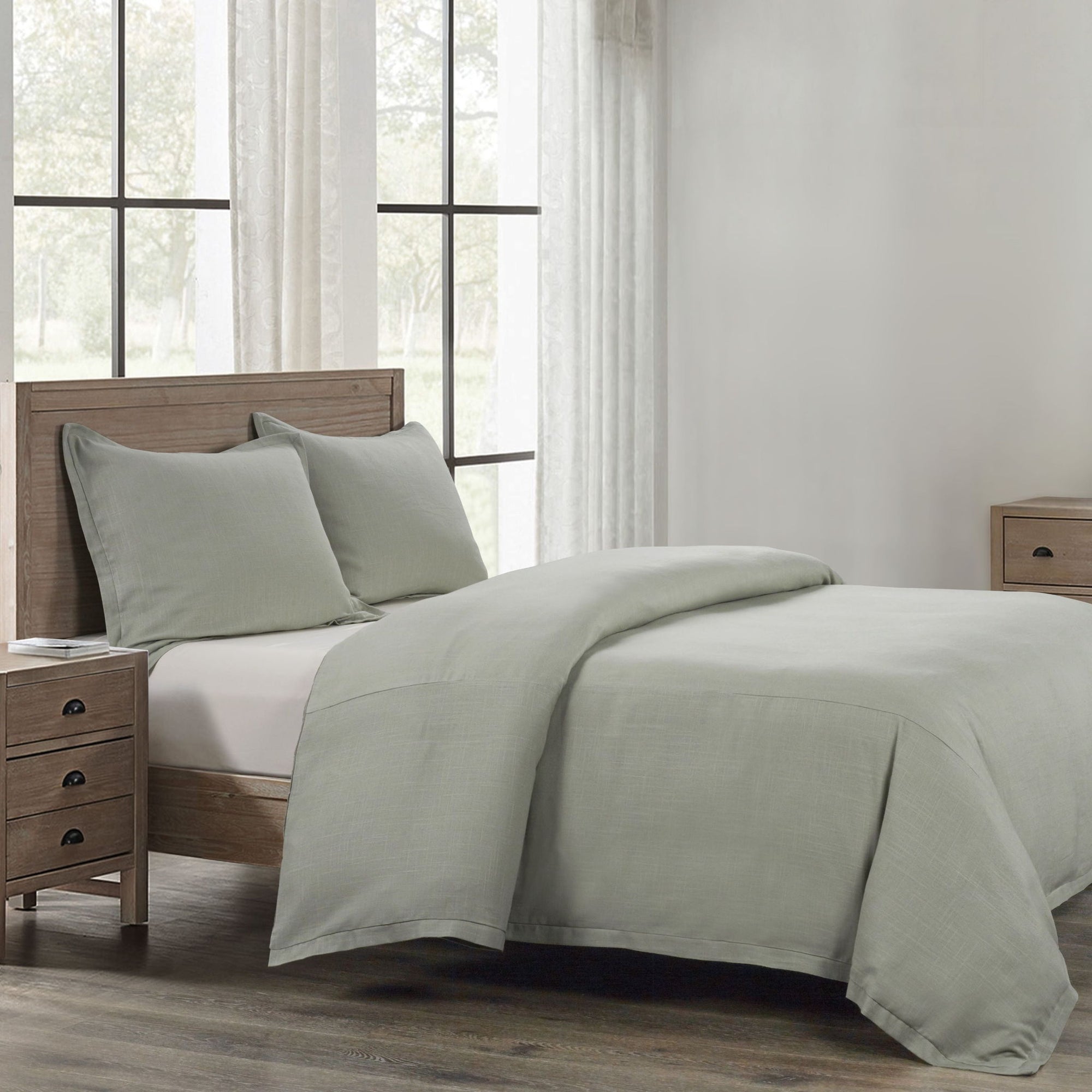 Hera - Queen Washed Linen Flange Duvet Cover - Sage